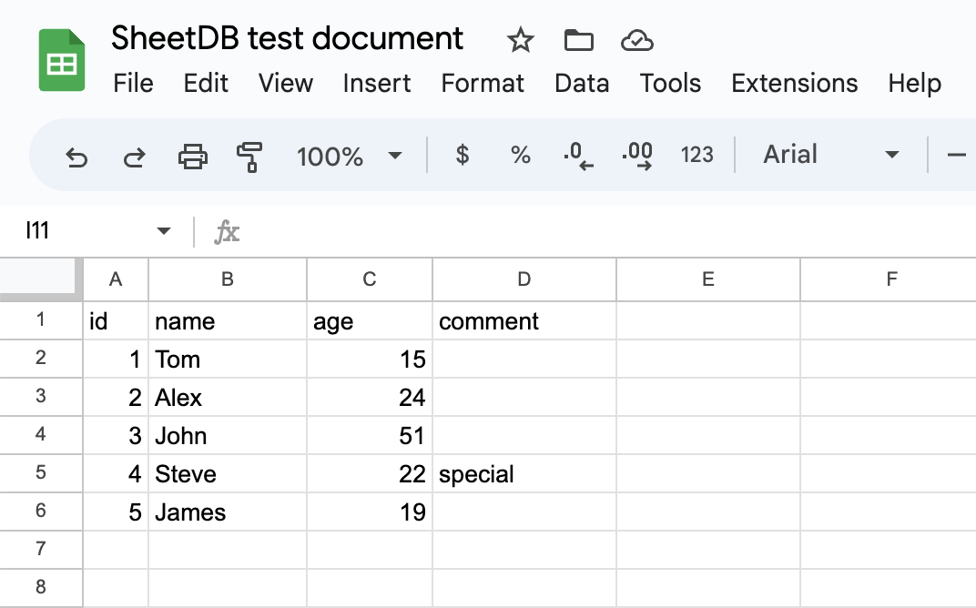 SheetDB test spreadsheet document