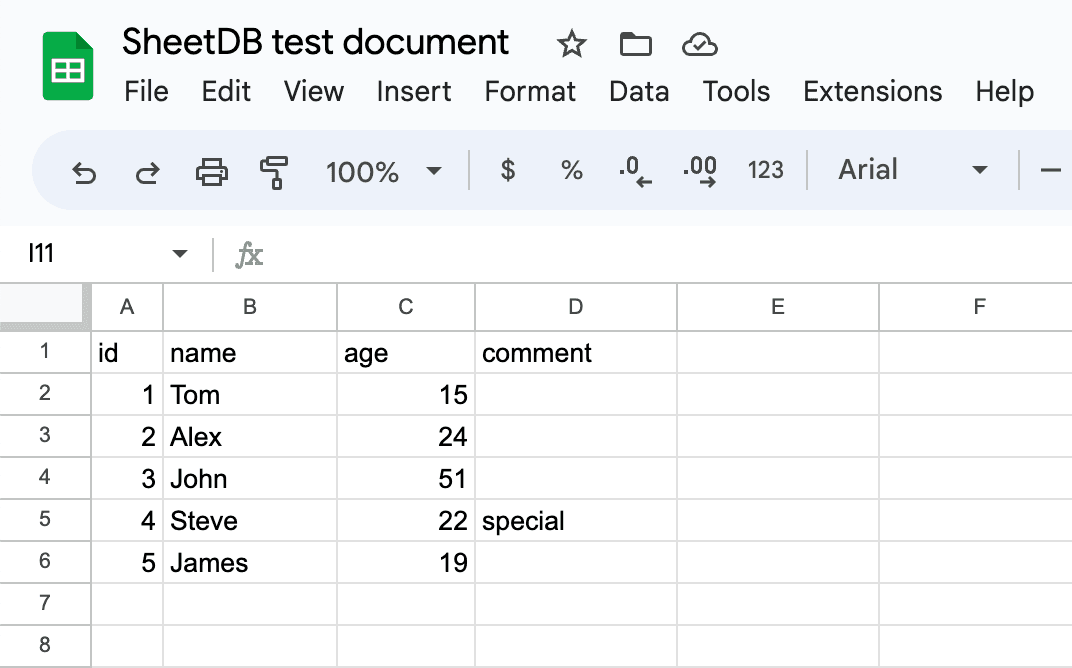 SheetDB test spreadsheet document